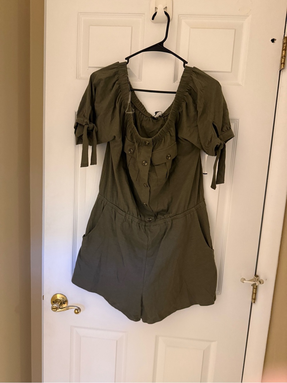 Derek Heart Olive Green Off‑Shoulder Romper Shorts